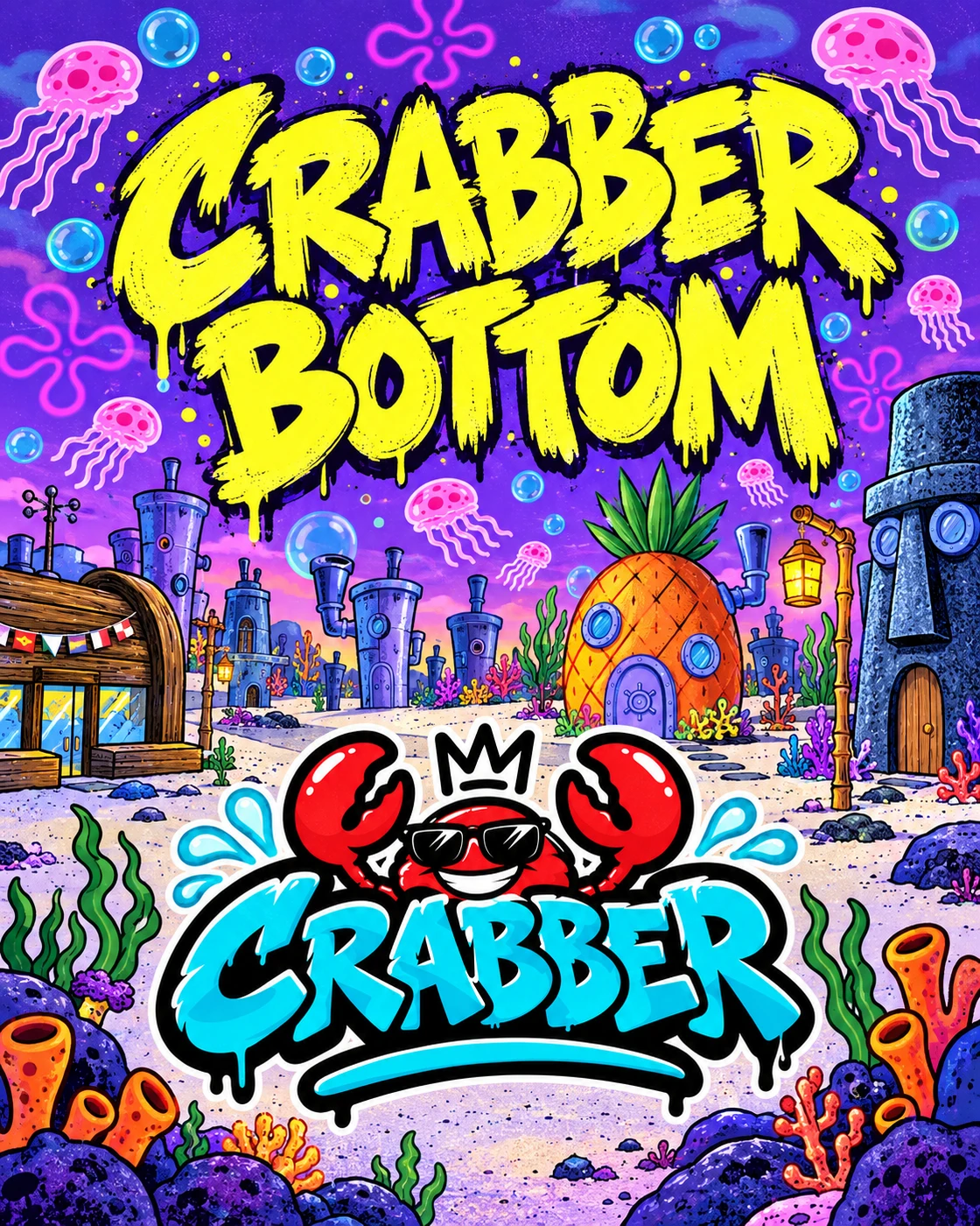 Lila Unterwasserposter mit gelben Akzenten und dem Crabber-Logo