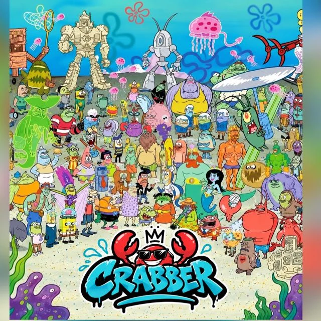 Die Bewohner von Bikini Bottom versammelt hinter eurem Crabber-Logo